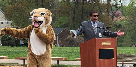 Mr. Tyson and Winston the Bobcat at CRS playground ribbon cutting,