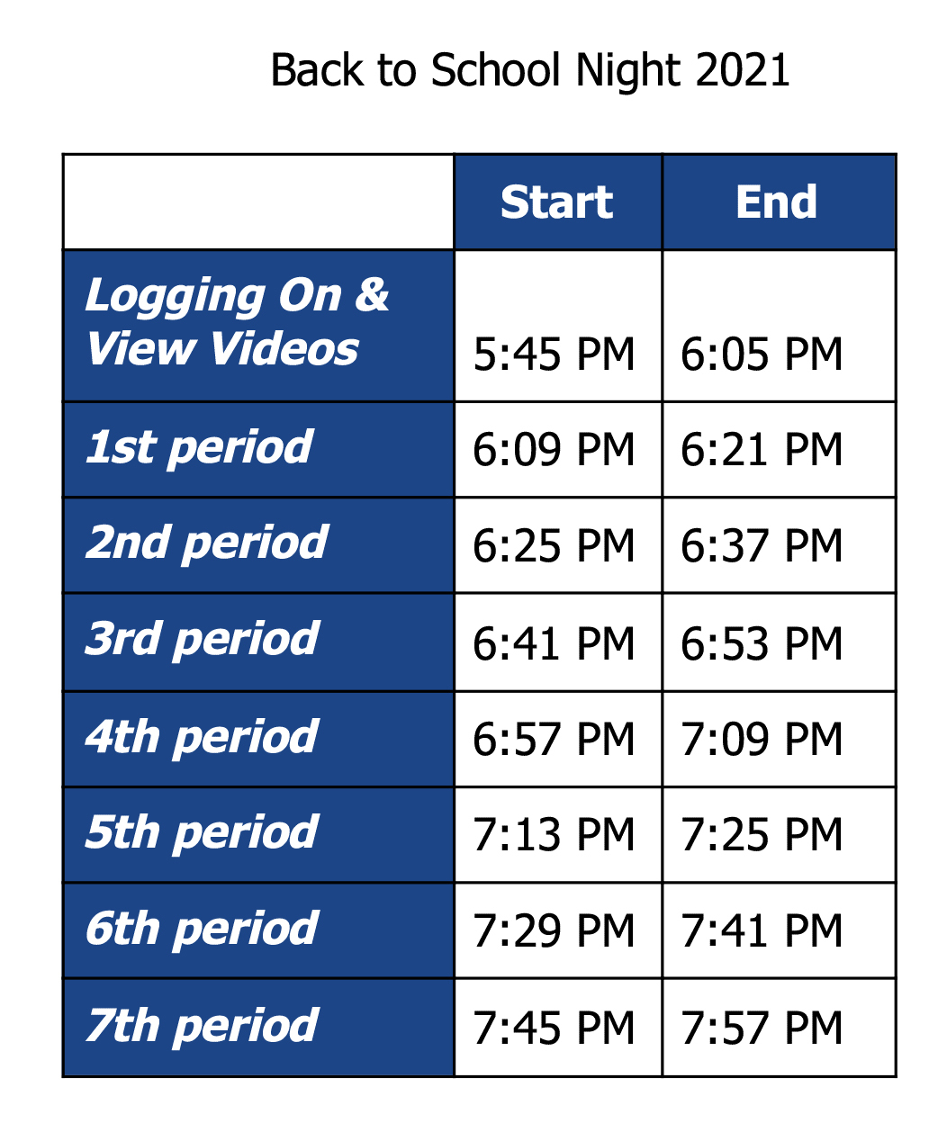 Virtual Back-to-School Night Schedule