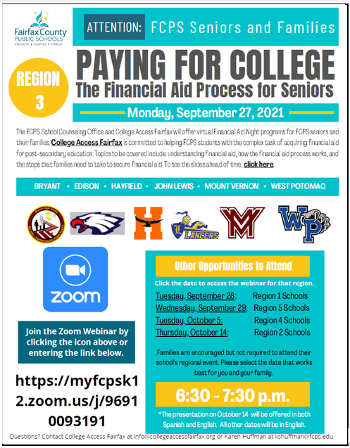 Region 3 Paying for College Night flyer