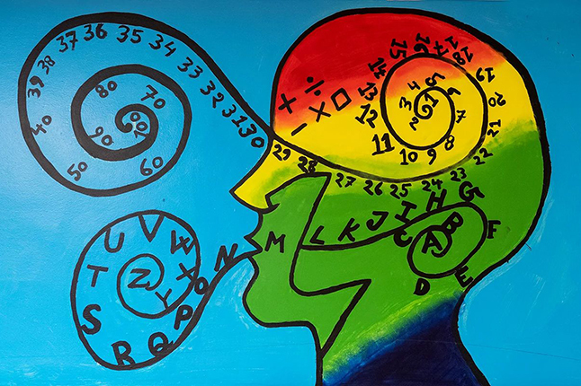 Painting of a person thinking about math. 