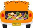 A drawing of a car decorated with halloween candy inside.