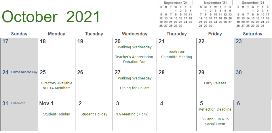 October 2021 Calendar - Last 2 Weeks