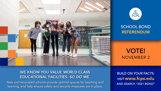 graphic with photo of students jumping. "school bond referendum." Vote November 2