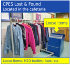 Jackets hanging in cafeteria and box of loose items
