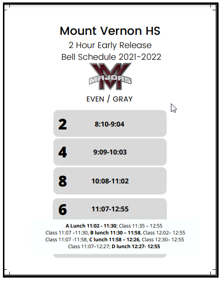 Even 2-Hour Early Bell Schedule