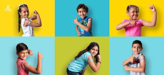 graphic of students with band-aids flexing their arms