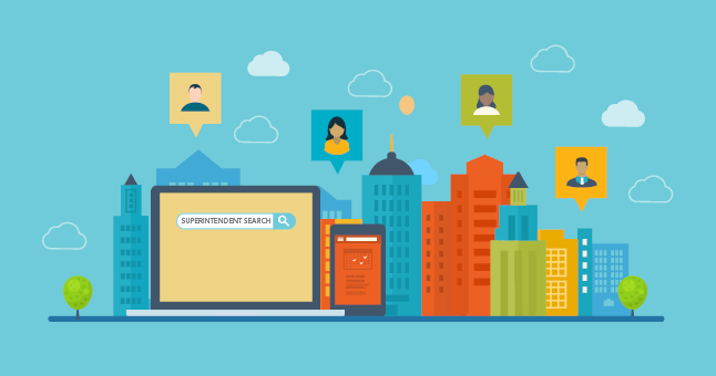 graphic of school buildings and a banner that reads superintendent search