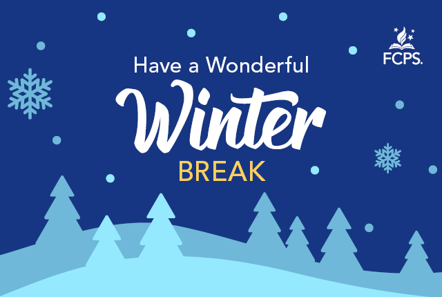 graphic of blue snow covered trees saying Have a Wonderful Winter Break