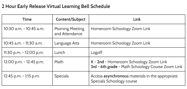 2 hour early release snow schedule