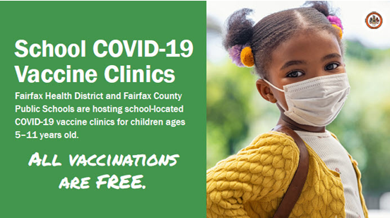 School COVID-19 vaccine clinics graphic with picture of girl in mask