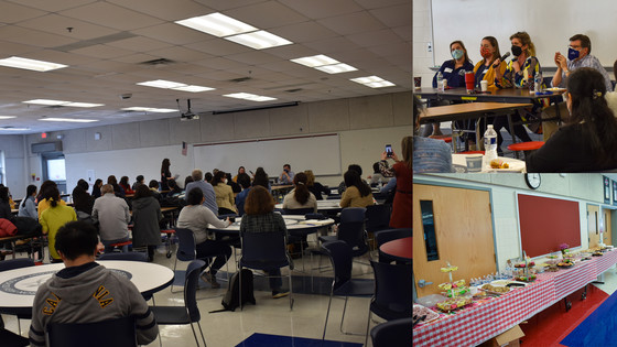 Collage of parents and counselors at Tea with Counselor event