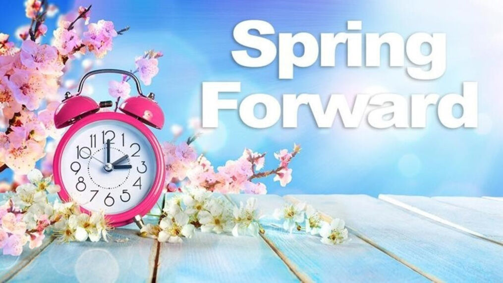 Spring Forward image with cherry blossoms. 