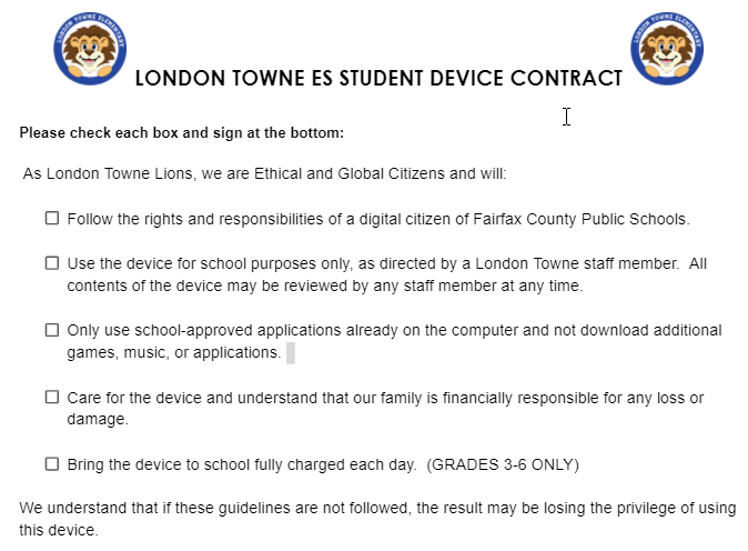 English London Towne Student Device Contract 