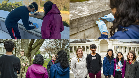 Collage of photos of students collecting biofilm at Jefferson Memorial and Arlington National Cemetery 