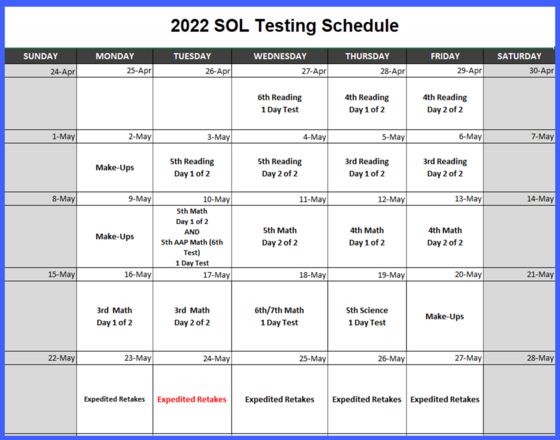 2022 SOL Schedule