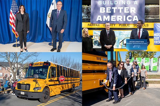 Photo collage with electric buses, Kamala Harris, Dr. Brabrand, and Michael Regan. 
