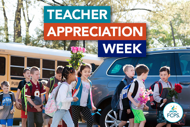 Teacher Appreciation Week - students heading into school with flowers. 