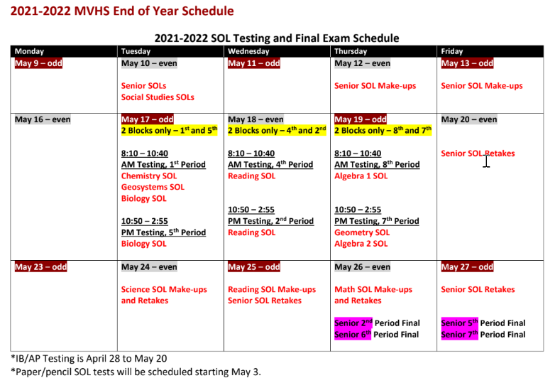 SOL and Final Exam Schedule