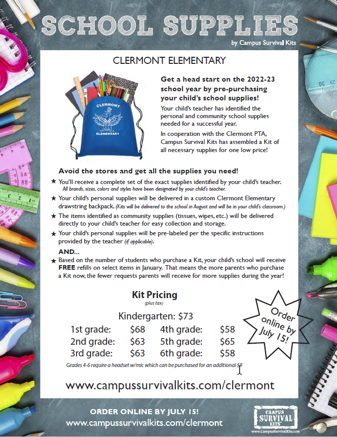 A flyer for Campus Survival school supply orders.