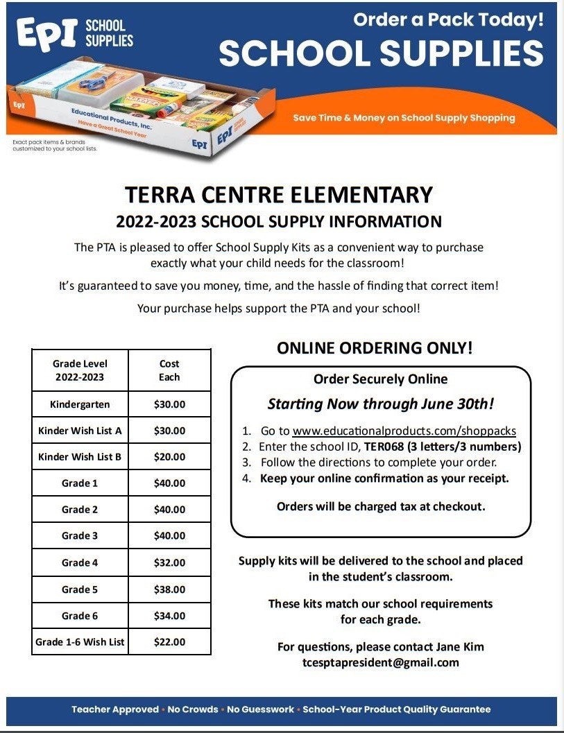 TCES PTA School Supply Orders Flyer 22-23