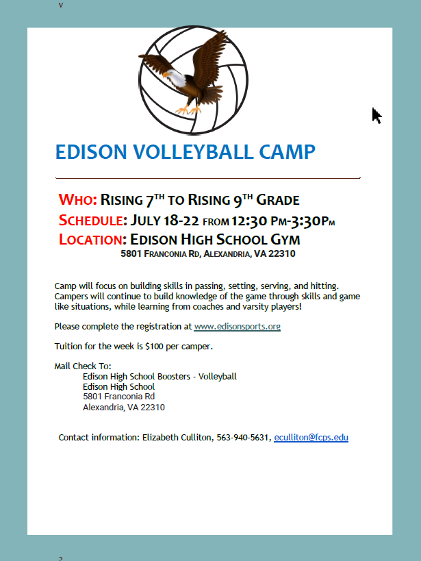 Edison Varsity Volleyball Camp