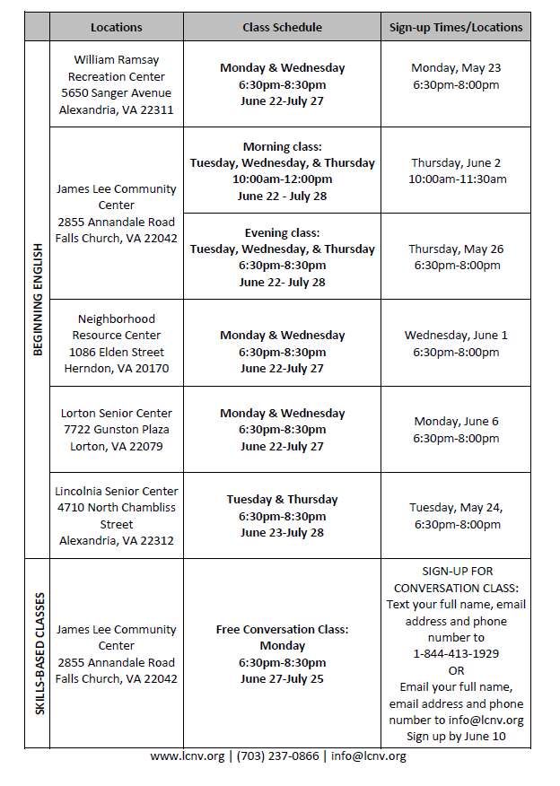 LCNV Summer 2022 English Classes
