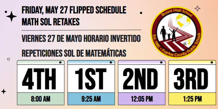 Friday, May 27 Flipped Schedule - Math SOL Retakes | Vuernes 27 Mayo Horario Invertido - Repeticiones SOL De Matematicas 