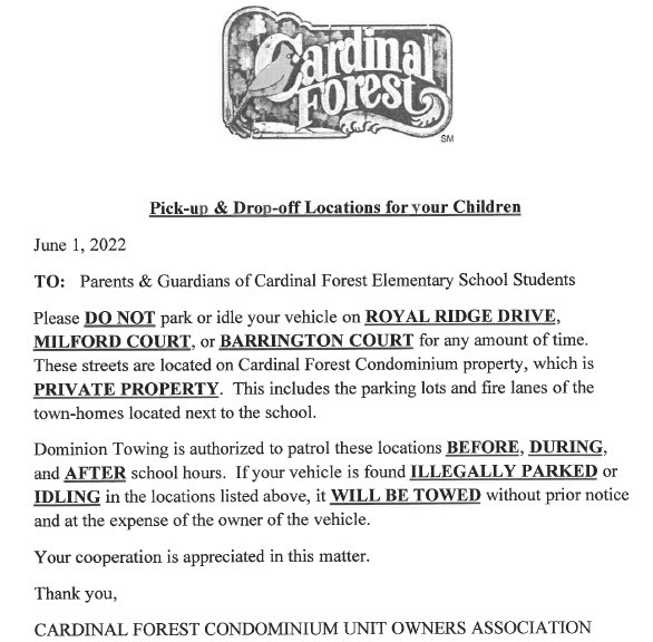 Friendly Request from Cardinal Forest Condominium Association