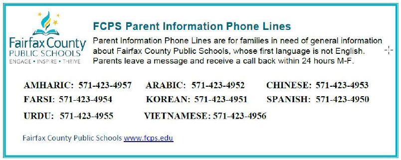 FCPS Parent Resource Center Information Phone Lines