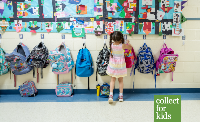 A student hanging up their donated backpack and the "Collect for Kids" logo.