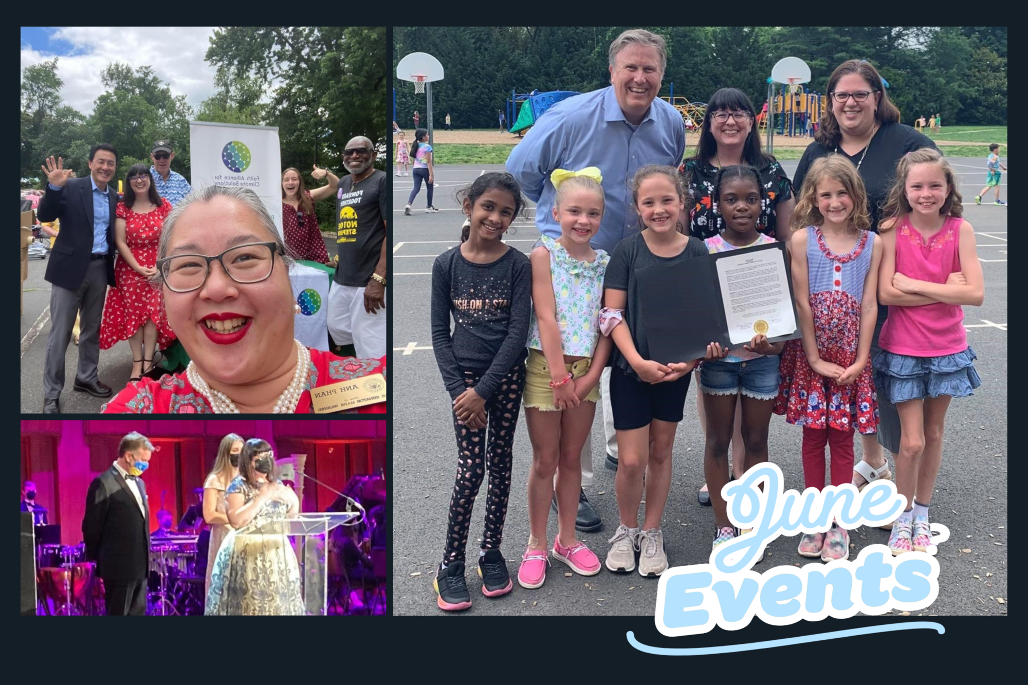 Photo collage of Laura Jane Cohen at Greenbriar West Elementary School, the Cappies Awards, and a Juneteenth celebration