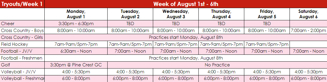 Fall Sports Tryout and week 1 schedule