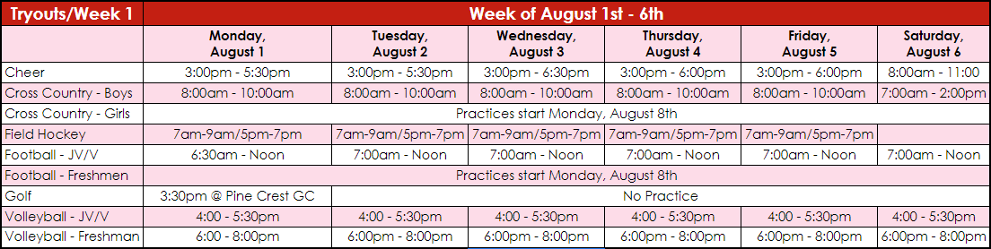 First Week Athletics Schedule