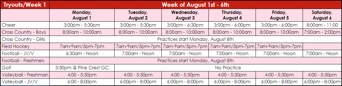 schedule for first week of fall sports 