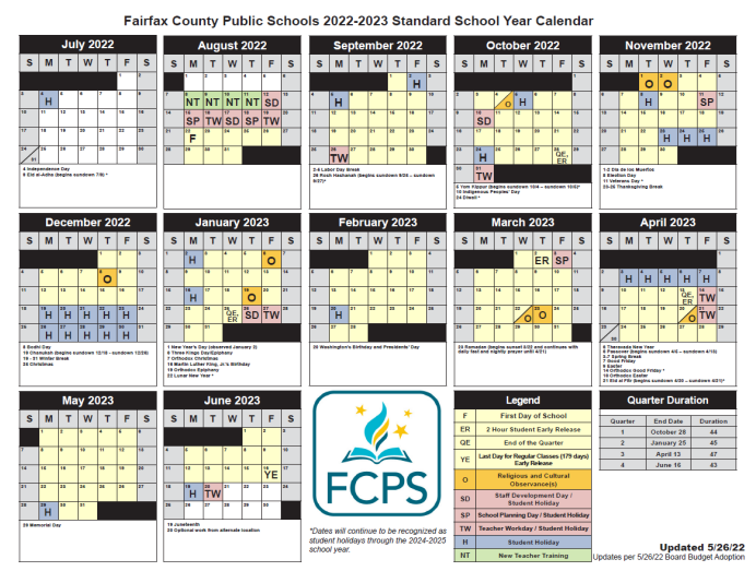 Picture of Fairfax County Public Schools 2022-2023 Standard School Year Calendar