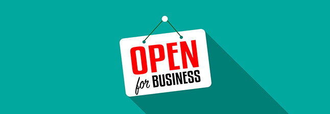 We're Open for Business graphic.