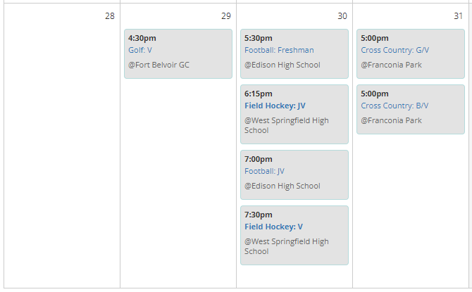 Sports Events Week of 29 Aug - 2 Sep