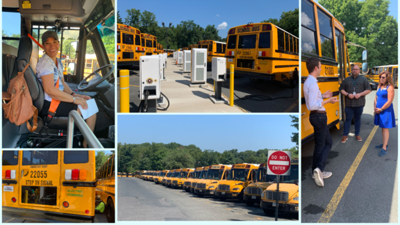 Collage of visit to MCPS Bus depot Electric Bus tour