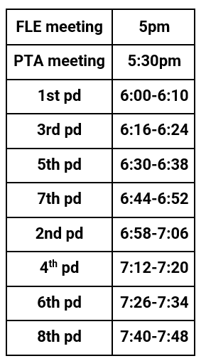 table with times for in-person BTSN schedule