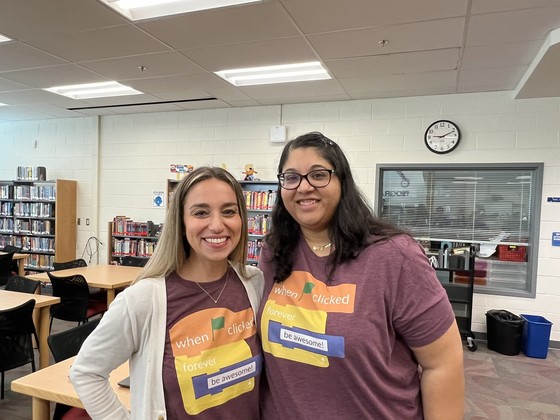 Mrs. Cangro and Mrs. Acosta twinning in their matching Scratch Programming shirts.