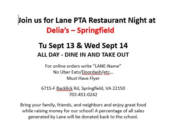 Delia's Restaurant Night flyer