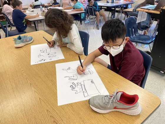 Art students drawing shoes