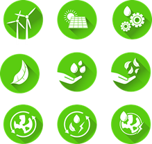 Conservation symbols: wind turbines, solar panels, compost, water reuse, recycling