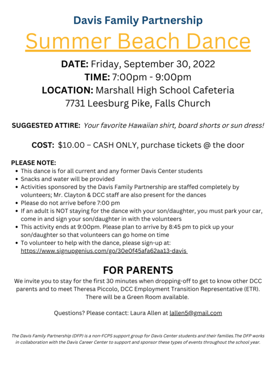 Davis Center BEACH DANCE Friday, September 30th