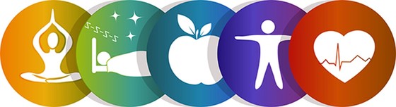 graphic of various wellness activities such as yoga, sleep, apple, heartbeat
