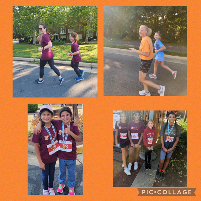 Collage of pictures of students and families running at walking together during the Asha Jyothi fun run