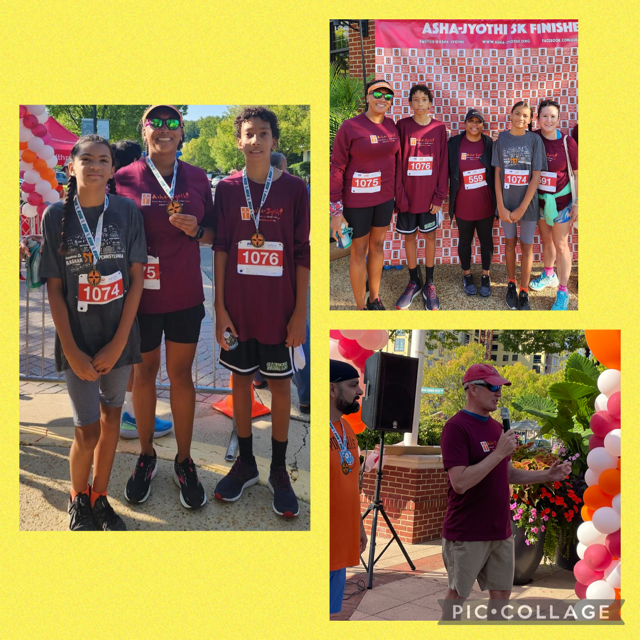 Collage of pictures of students and families running at walking together during the Asha Jyothi fun run