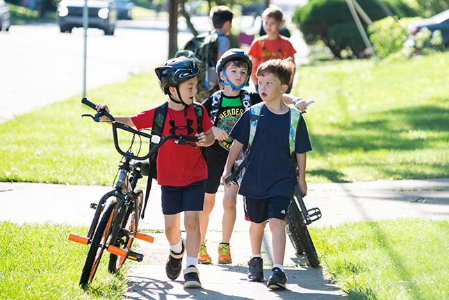 Young students walk and bike to school