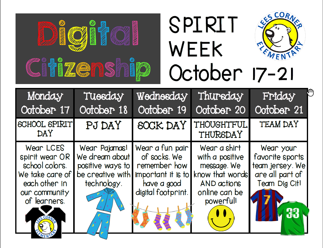 Next week is digital citizenship spirit week. There is a theme for each day of the week to promote positive digital citizenship skills