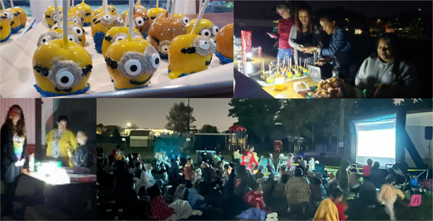 Collage of images from Rise of Gru outdoor movie night last Friday evening